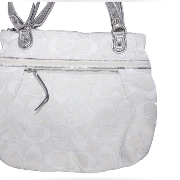 Coach Authentic Poppy Metallic Signature Sateen Glam Silver Tote 18979 - Picture 3 of 12